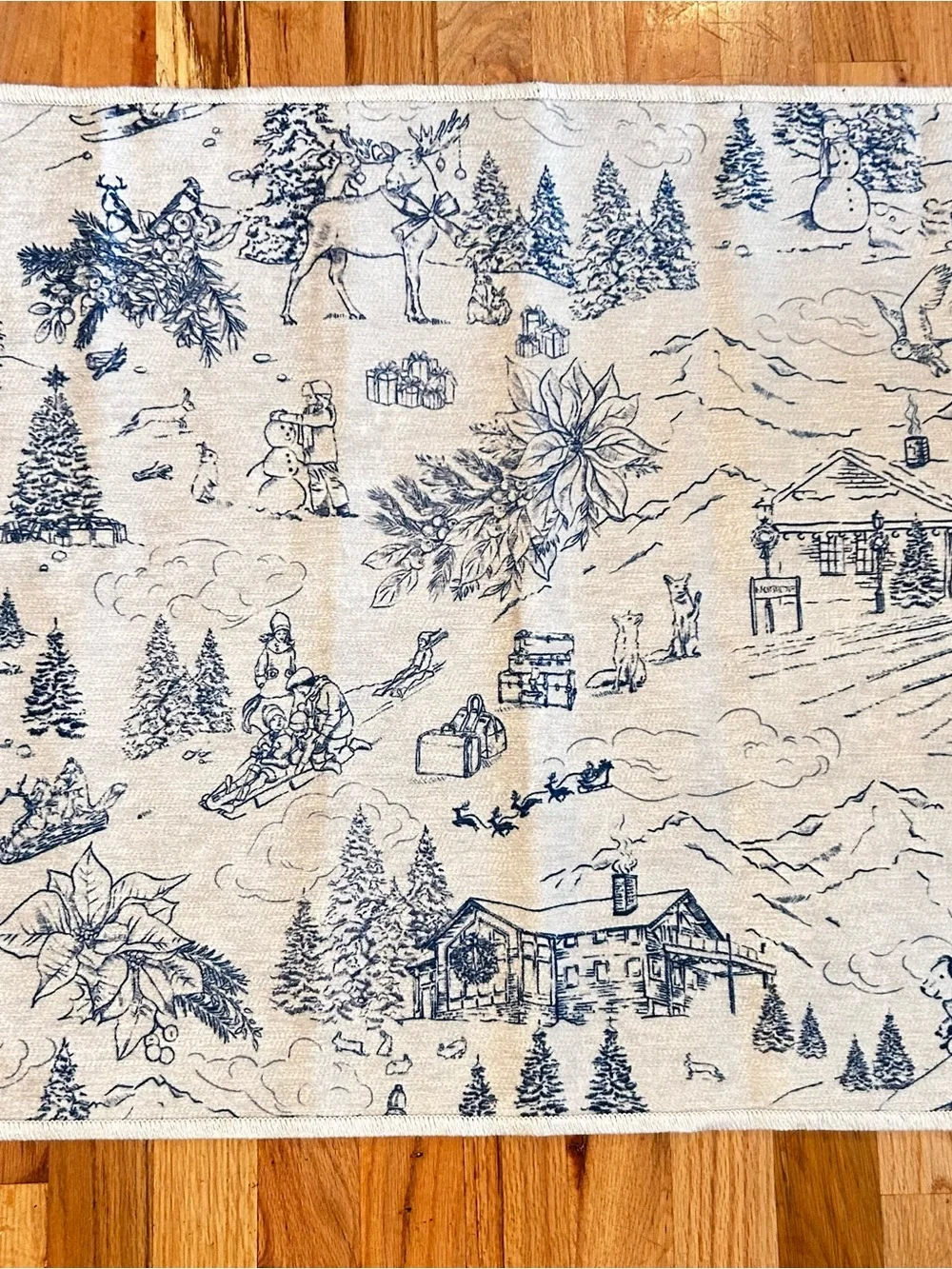 Ruggable Winter Toile Nostalgic print Blue Flat Woven Rug 2x3